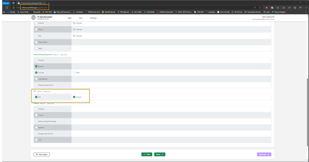 CI Sync User Interface showing how to select an OT record set (and related records) when creating a Sync Job.