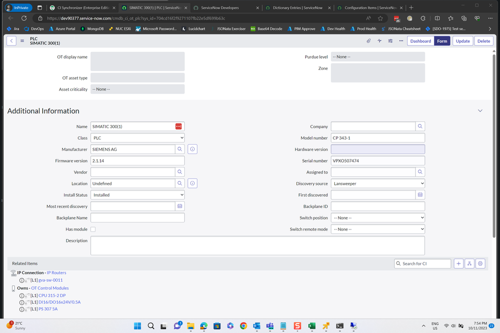 CI form in ServiceNow showing the PLC device (and it’s relationships)